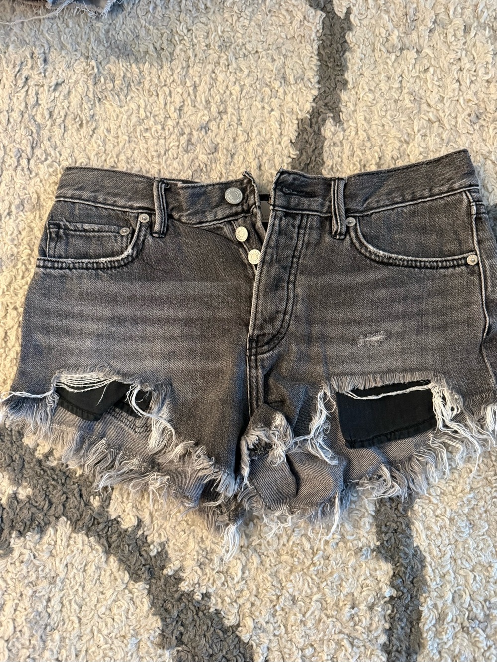 We The Free Black-Grey Distressed High-Rise Denim Shorts